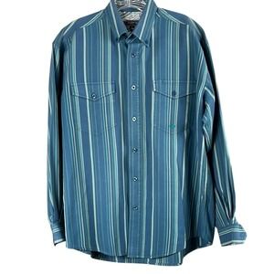 Roper Western Long Sleeve Button Up Shirt Mens Size Medium‎ Green Blue Stripes